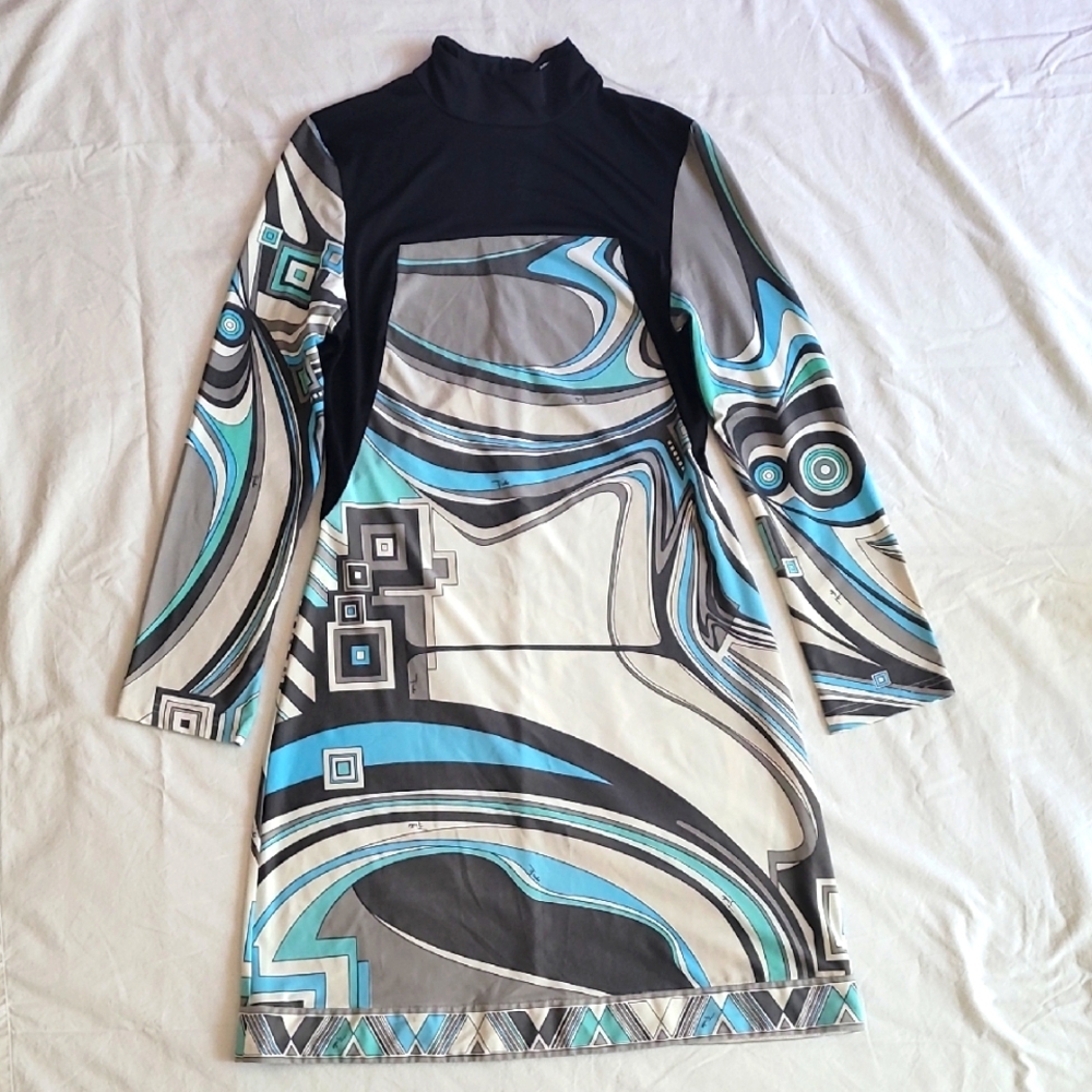 Emilio Pucci Black and Blue Long Sleeve Dress